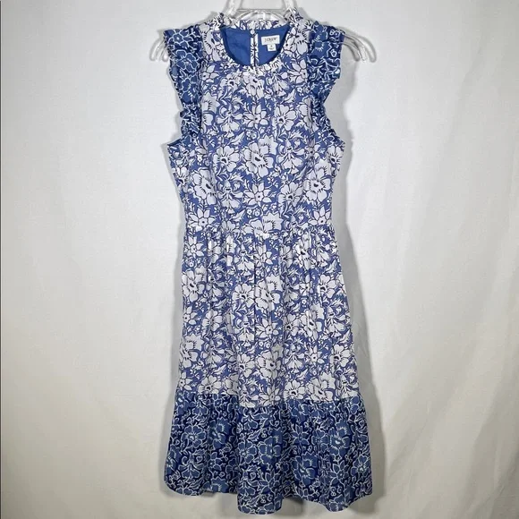 J CREW WOMENS BLUE FLORAL MIDI TIERED DRESS SLEEVELESS 4 COTTON - Picture 2 of 8